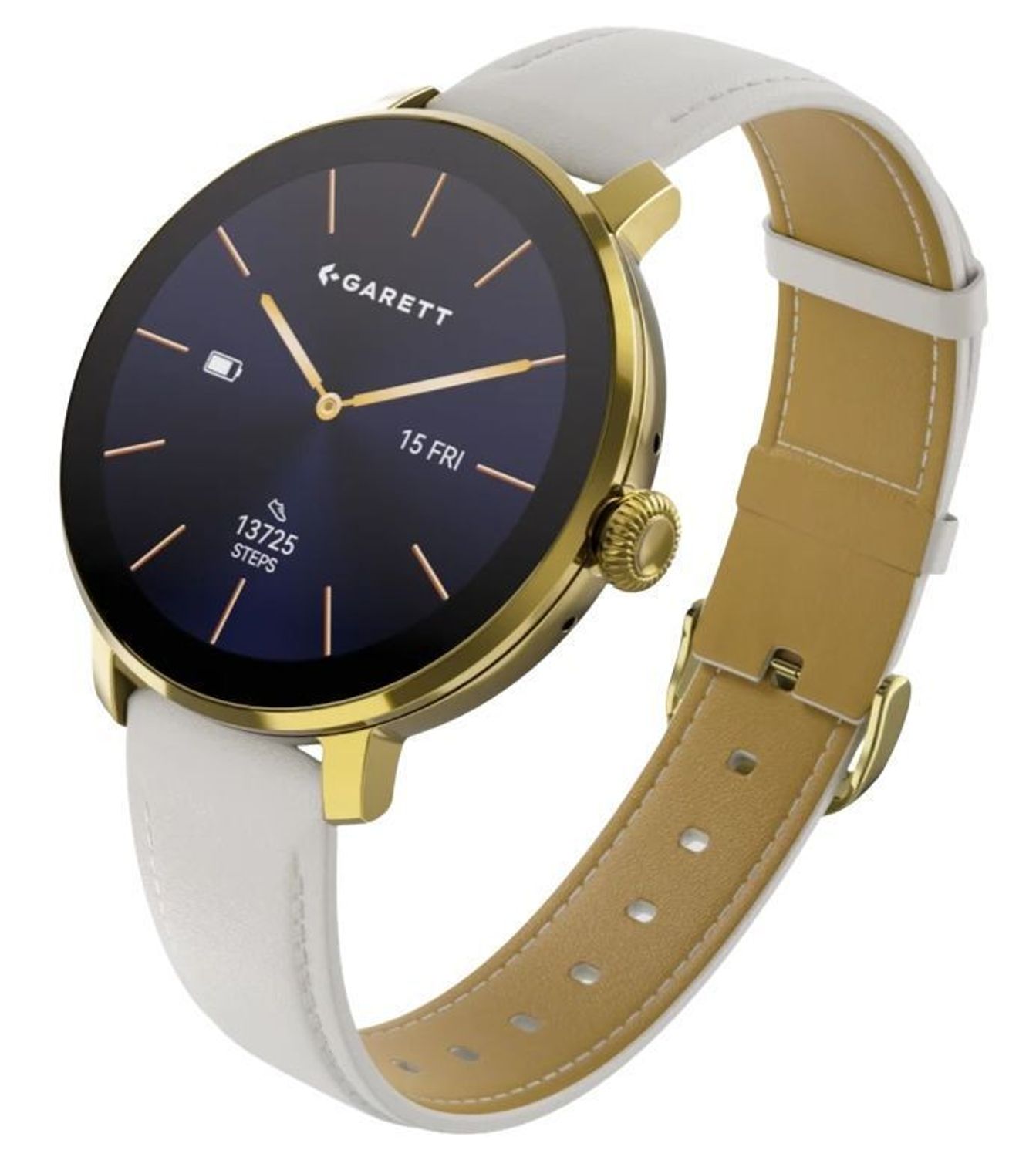 Smartwatch damski Garett Muse stalowy złoty AMOLED 1,19″ + biały pasek (4).jpg
